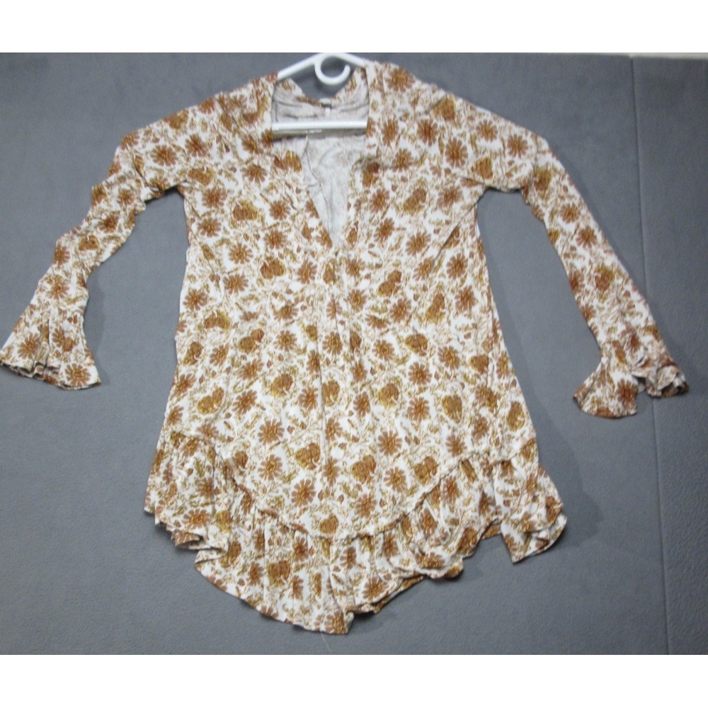 Free People Top Womens Small Brown White Floral Tunic V Neck Ruffle Flutter